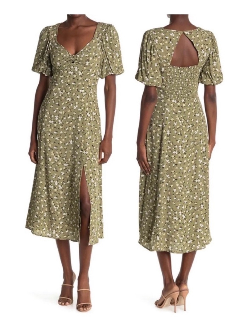 Astr Olive Green Floral Puff-Sleeve Midi Dress